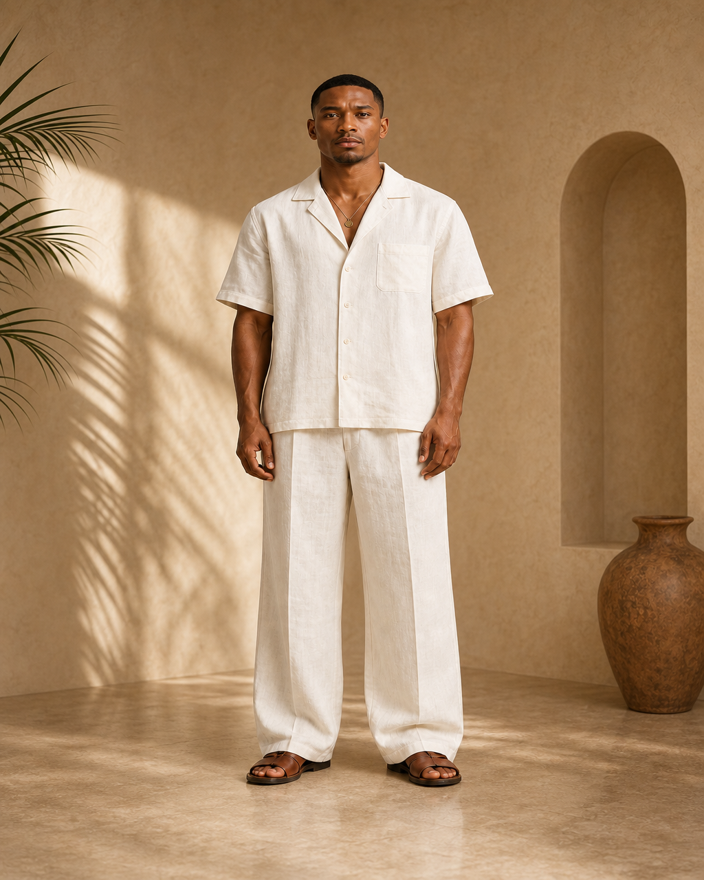 Model wearing or styling the Amari Linen Resort Shirt