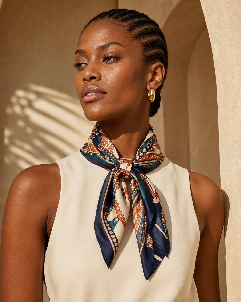Model wearing or styling the Asha Printed Silk Scarf