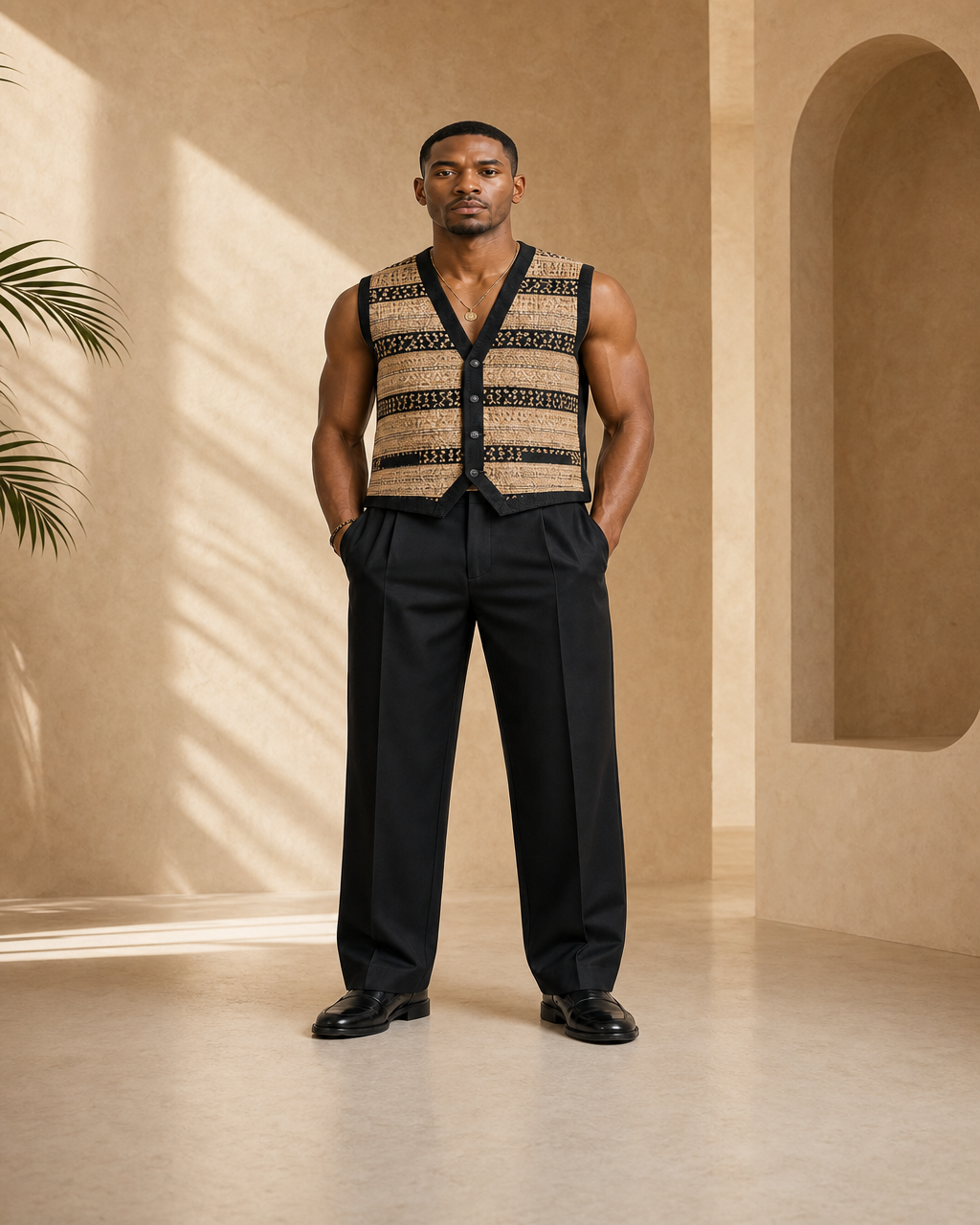 Model wearing or styling the Bani Woven Vest
