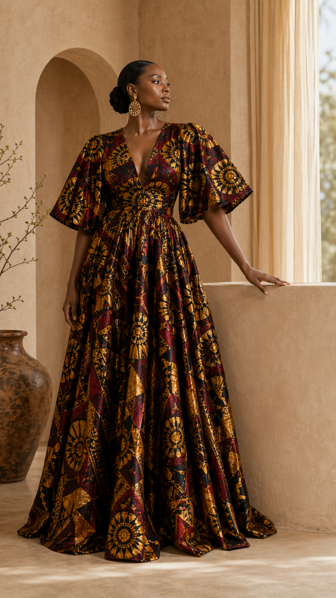 Model wearing a patterned afrosoleil maxi dress