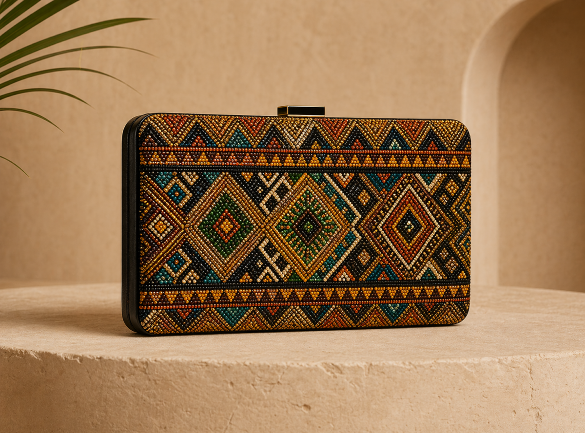 Model wearing or styling the Mali Embellished Clutch