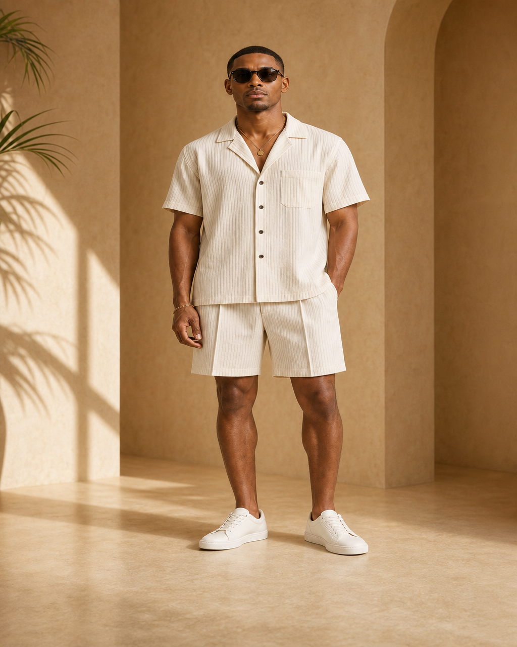 Model wearing or styling the Ekow Pleated Shorts Set