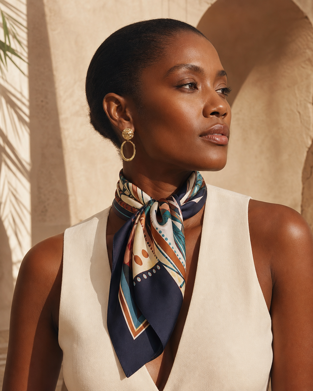 Model wearing or styling the Ibi Printed Neckerchief