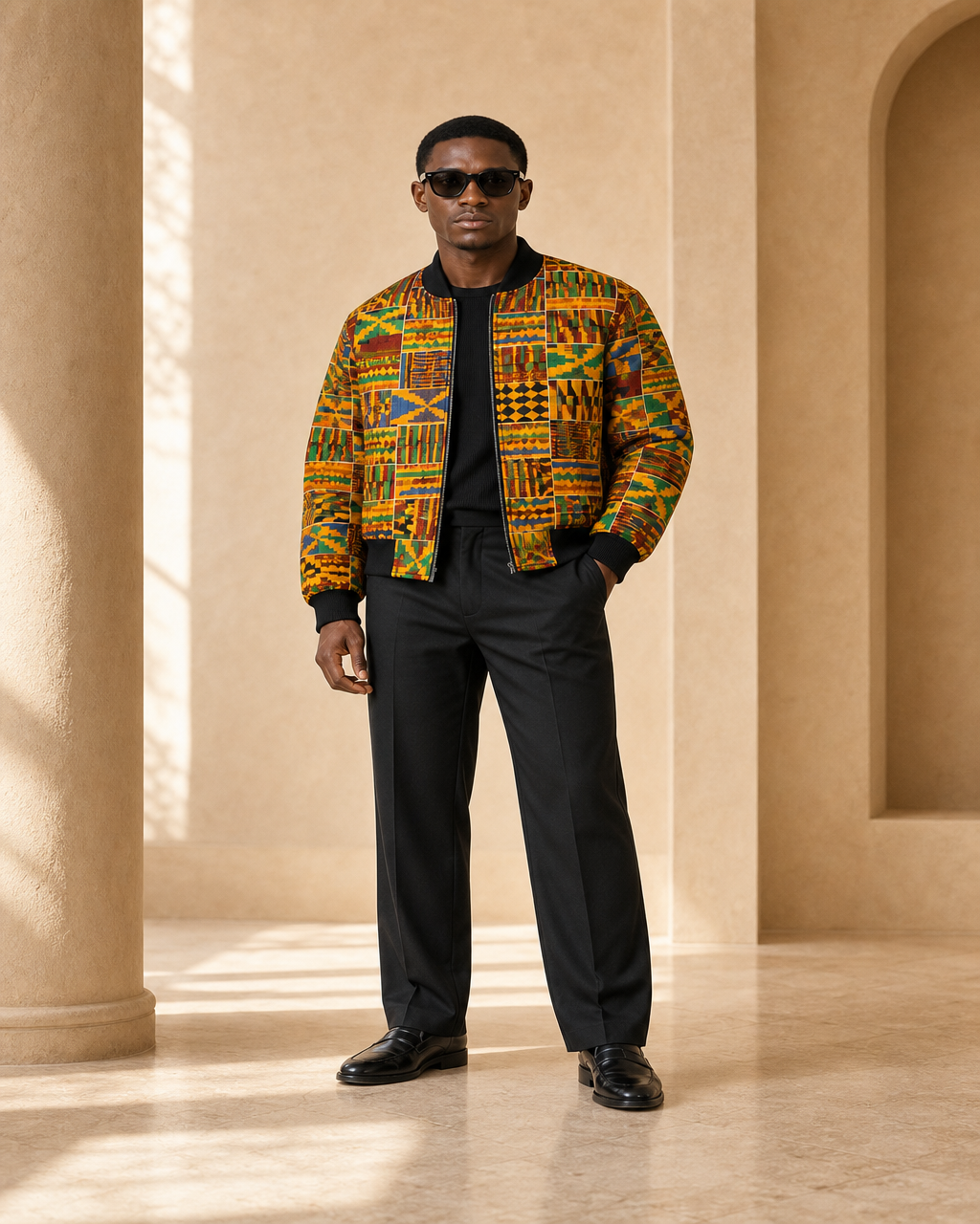 Model wearing or styling the Kojo Kente Bomber