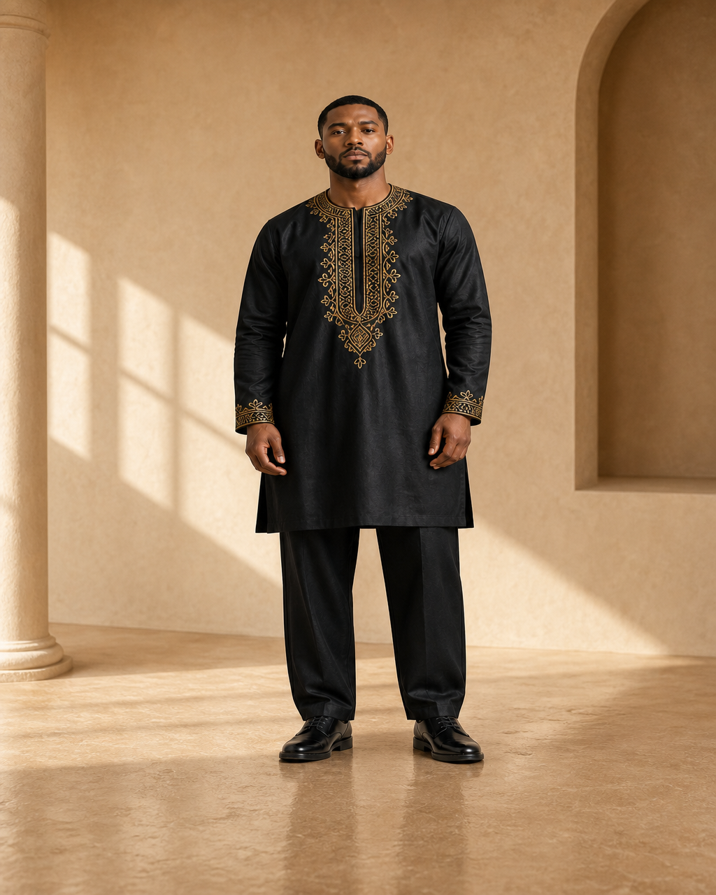 Model wearing or styling the Kwame Embroidered Tunic