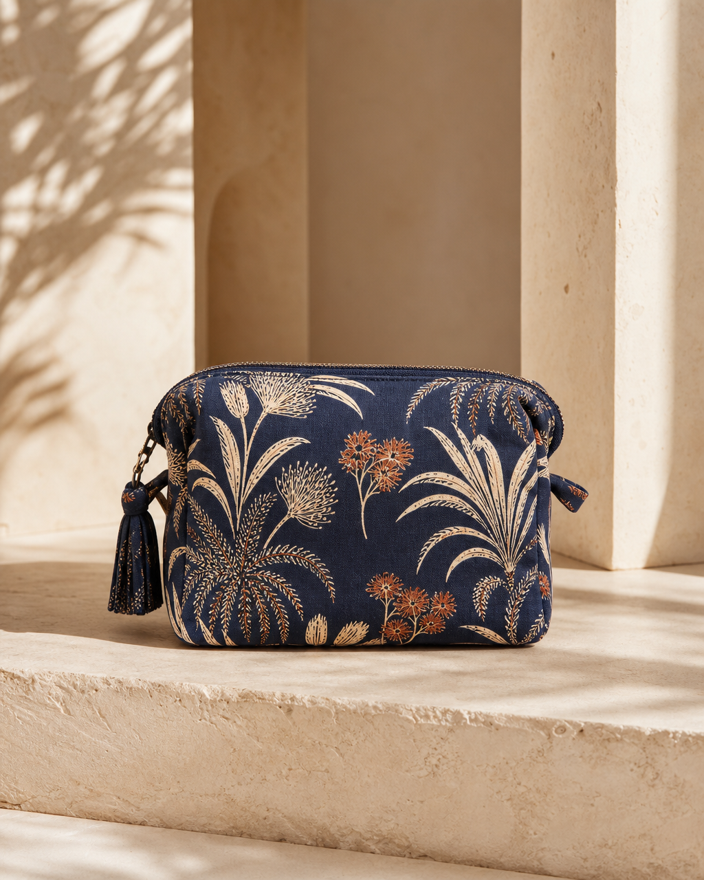 Model wearing or styling the Tula Printed Travel Pouch